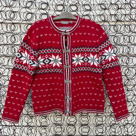 Croft & Borrow Fair Isle Frog Toggle Red Snowflake Winter Christmas Cardigan MED - Picture 1 of 7
